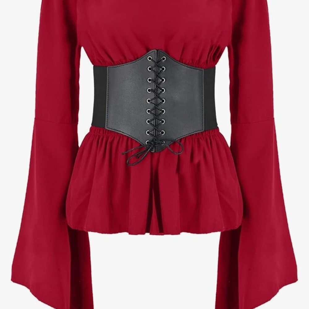 Womens Renaissance Blouse Tops Corset Waist Belt Medieval Victorian Off Shoulder